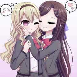 Rule 34 | 10s, 2girls, artist request, blazer, blonde hair, blush, bow, brown hair, brown hairband, chestnut mouth, closed eyes, closed mouth, commentary request, ears visible through hair, grey jacket, hair ornament, hairband, hairpin, hand on another&#039;s face, heart, jacket, long hair, multiple girls, one eye closed, pleated, pleated skirt, purple eyes, red bow, red neckwear, saijou claudine, shirt, shoujo kageki revue starlight, skirt, tendou maya, white background, white shirt, yuri