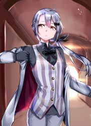 Rule 34 | 1girl, absurdres, ahoge, black bow, black gloves, black ribbon, black shirt, bow, braid, brown eyes, closed mouth, collared shirt, commentary, cowboy shot, five-seven (girls&#039; frontline), formal, girls&#039; frontline, gloves, grey jacket, grey pants, hair between eyes, hair ornament, hair ribbon, highres, indoors, jacket, long hair, long sleeves, low ponytail, open clothes, open jacket, pant suit, pants, ponytail, ribbon, shirt, silver hair, solo, standing, striped clothes, striped vest, suit, trap (drthumt), vertical-striped clothes, vertical-striped vest, vest