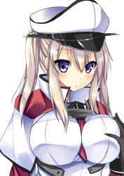 Rule 34 | 10s, 1girl, blonde hair, blue eyes, grabbing another&#039;s breast, breasts, capelet, cross, grabbing, graf zeppelin (kancolle), hair between eyes, hat, impossible clothes, jacket, kantai collection, large breasts, long hair, necktie, peaked cap, ryokushiki (midori-ya), solo, twintails, uniform
