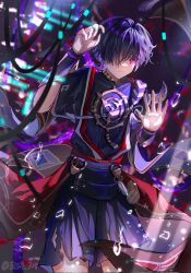 Rule 34 | 1boy, armor, artist name, belt, blunt ends, blurry, blurry background, broken glass, closed mouth, covered collarbone, eyeshadow, genshin impact, glass, gold trim, hair between eyes, hair over one eye, hands up, highres, japanese armor, jewelry, kote, kurokote, looking at viewer, makeup, male focus, mandarin collar, mitsudomoe (shape), necklace, no headwear, purple belt, purple eyes, purple hair, purple shirt, purple shorts, qiuci 708, red eyeshadow, scaramouche (genshin impact), scaramouche (shouki no kami) (genshin impact), shirt, short hair, short sleeves, shorts, solo, standing, tassel, tomoe (symbol), torn clothes, wire