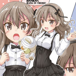 Rule 34 | 10s, 1girl, :d, bandages, black neckwear, black ribbon, black skirt, boko (girls und panzer), bow, bowtie, brown eyes, casual, clenched hands, collared shirt, commentary, english text, flipper, frown, girls und panzer, hair ribbon, high-waist skirt, holding, holding stuffed toy, layered skirt, light brown hair, long hair, long sleeves, looking at viewer, multiple views, open mouth, ribbon, shimada arisu, shirt, side ponytail, skirt, smile, standing, stuffed animal, stuffed toy, suspender skirt, suspenders, teddy bear, v-shaped eyebrows, white shirt