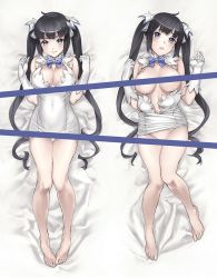 Rule 34 | 10s, 1girl, barefoot, black hair, blue eyes, blush, bow, bowtie, breasts, breasts out, censored, cleavage, cleavage cutout, clothing cutout, dakimakura (medium), dress, dungeon ni deai wo motomeru no wa machigatteiru darou ka, feet, gloves, groin, hair ornament, hair ribbon, hestia (danmachi), large breasts, long hair, looking at viewer, lying, md5 mismatch, multiple views, nishieda, on back, rei no himo, resized, ribbon, smile, toes, twintails, white dress, white gloves