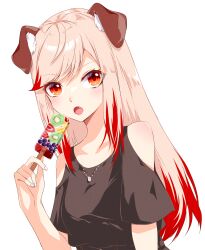 Rule 34 | 1girl, :o, absurdres, animal ears, black shirt, blonde hair, blush, breasts, chukachuka, clothing cutout, commentary request, dog ears, dog girl, fangs, fingernails, food, fruit, fruit popsicle, highres, holding, holding food, holding popsicle, jewelry, kiwi (fruit), long hair, looking at viewer, medium bangs, medium breasts, multicolored hair, nanashi inc., necklace, open mouth, orange eyes, popsicle, red hair, seshima rui, shirt, short sleeves, shoulder cutout, simple background, solo, streaked hair, transparent background, two-tone hair, upper body, virtual youtuber