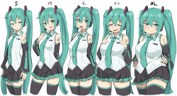 Rule 34 | 1girl, aqua eyes, aqua hair, aqua necktie, arms at sides, arms behind back, bare shoulders, black skirt, black sleeves, blush, breasts, closed eyes, closed mouth, collared shirt, commentary, cowboy shot, cropped legs, detached sleeves, hair between eyes, hair ornament, hands on own hips, hatsune miku, highres, jitome, large breasts, lineup, long hair, long sleeves, looking at viewer, looking to the side, medium breasts, miniskirt, multiple views, necktie, open mouth, pleated skirt, shirt, simple background, size difference, skirt, sleeveless, small breasts, tenten (chan4545), thick thighs, thighhighs, thighs, twintails, very long hair, vocaloid, white background, white shirt, zettai ryouiki