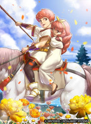Rule 34 | 1boy, 1girl, aged down, celica (fire emblem), child, conrad (fire emblem), fire emblem, fire emblem cipher, fire emblem echoes: shadows of valentia, flower, horse, mineri, nintendo, official art, pantyhose, red eyes, red hair, siblings, stick