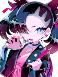 Rule 34 | 1girl, backpack, bag, black hair, black nails, blue eyes, choker, creatures (company), ear piercing, eye visible through hair, fang, game freak, highres, jacket, jewelry, leather, leather jacket, marnie (pokemon), nail polish, necklace, nintendo, open mouth, piercing, pokemon, pokemon swsh, porta3948 5, solo, twintails, upper body