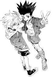 Rule 34 | 2boys, absurdres, boots, closed mouth, from above, full body, gon freecss, greyscale, highres, hood, hood down, hooded jacket, hunter x hunter, jacket, killua zoldyck, knee boots, looking to the side, lower teeth only, medium hair, monochrome, multiple boys, open clothes, open jacket, open mouth, outstretched arm, shirt, short shorts, shorts, simple background, spiked hair, standing, teeth, v, white background, xi luo an ya