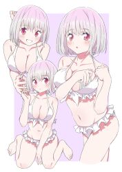 Rule 34 | 1girl, alternate costume, bare shoulders, bikini, blush, breasts, cleavage, collarbone, frilled bikini, frills, front-tie top, gridman universe, highres, kneeling, large breasts, light purple hair, looking to the side, lying, midriff, navel, on stomach, pink background, red eyes, shinjou akane, sho (shoshos 8888), short hair, smile, ssss.gridman, stomach, swimsuit, thighs, white background, white bikini, white hair