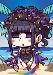 Rule 34 | 1girl, april fools, beach, black hair, black one-piece swimsuit, blunt bangs, blush stickers, chibi, fate/grand order, fate (series), flower, hair flower, hair ornament, hair up, highres, holding, holding brush, murasaki shikibu (fate), murasaki shikibu (swimsuit rider) (fate), murasaki shikibu (swimsuit rider) (first ascension) (fate), official art, one-piece swimsuit, open mouth, palm leaf, purple eyes, purple flower, riyo (lyomsnpmp), shawl, single thighhigh, solo, swimsuit, thighhighs, water