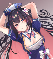 Rule 34 | 1girl, :o, arms up, black hair, blue dress, blue hat, blue ribbon, blush, bow, bowtie, breasts, brown background, cleavage, clothing cutout, collar, colored inner hair, dress, flower, frown, gradient eyes, hair flower, hair ornament, hair ribbon, hat, highres, hina misora, kana616, large breasts, long hair, multicolored eyes, multicolored hair, neck ribbon, nurse cap, pink bow, pink bowtie, pink eyes, pink hair, puffy short sleeves, puffy sleeves, ribbon, short sleeves, shoulder cutout, sketch, solo, streaked hair, symbol-shaped pupils, two-tone hair, two side up, upper body, virtual youtuber, wactor production, white bow, white collar, white flower, wrist cuffs, yellow eyes
