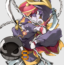 Rule 34 | 1girl, :o, axe, bomb, bow, breasts, bursting breasts, capcom, chain, chinese clothes, claws, cleavage cutout, clothing cutout, colored skin, explosive, fire, flipped hair, fuse, hair between eyes, hat, jiangshi, large breasts, legs apart, lei lei, long sleeves, looking at viewer, ofuda, open mouth, outline, pants, pink hat, pink shirt, purple hair, purple pants, purple skin, qingdai guanmao, red eyes, sash, scimitar, shirt, short hair, side slit, silver background, simple background, sleeves past wrists, solo, sword, tomahawk, vampire (game), weapon, white outline, wide sleeves, yellow bow, ysk!, zombie