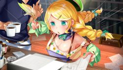 Rule 34 | 1boy, 1girl, aqua eyes, bare shoulders, belt, blonde hair, blush, bookshelf, braid, breasts, cleavage, coffee, cup, desk, detached sleeves, drawing, earrings, game cg, green eyes, green hat, hair ornament, hairclip, hat, highres, indoors, inkwell, jewelry, large breasts, long hair, manga (object), mug, official art, open mouth, pen, protagonist (x-overd), quill, rottin (x-overd), twintails, x-overd