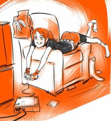 Rule 34 | 1girl, artist request, ass, blush, boots, claire redfield, controller, game console, game controller, gloves, licking lips, lying, on stomach, playing, ponytail, resident evil, resident evil 2, shorts, socks, solo, television, tongue, tongue out