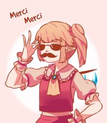 Rule 34 | 1girl, ascot, blonde hair, brooch, collar, facial hair, fake facial hair, fake mustache, flandre scarlet, french text, frilled collar, frilled sleeves, frills, gradient background, highres, jewelry, mustache, pointy ears, red vest, shirt, short hair, short ponytail, side ponytail, solo, standing, sunglasses, touhou, upper body, vest, white shirt, wings, wrist cuffs, yoruny