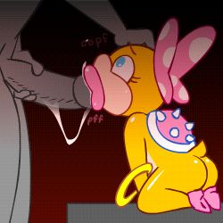 Rule 34 | 1boy, 1girl, 2017, animated, animated gif, ass, blue eyes, bow, cum, cum in mouth, dark skin, english text, fellatio, furry, hetero, high heels, interspecies, jewelry, koopa, lips, lipstick, lowres, makeup, mario (series), minuspal, nintendo, nude, oral, orgasm, penis, sex, shell, size difference, spikes, super mario bros. 1, wendy o. koopa