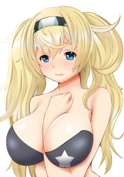 Rule 34 | 1girl, arm up, between breasts, blonde hair, blue eyes, blush, bra, breasts, cleavage, closed mouth, commentary request, gambier bay (kancolle), hair between eyes, hairband, hifumi kei, highres, kantai collection, large breasts, long hair, simple background, solo, twintails, underwear