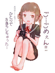 Rule 34 | 1girl, barefoot, brown eyes, brown hair, feet, handheld game console, highres, long hair, looking at viewer, playstation portable, school uniform, short twintails, toes, translated, twintails