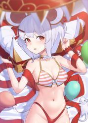 Rule 34 | 1girl, animal, animal ears, balloon, bare shoulders, bikini, blurry, blurry foreground, blush, bow, bow bikini, breasts, cleavage, collarbone, commentary request, depth of field, eyebrows hidden by hair, fake animal ears, granblue fantasy, groin, hair ornament, hairclip, hands up, highleg, highleg bikini, highres, kourui, looking at viewer, mismatched bikini, mouse (animal), mouse ears, nail polish, navel, parted lips, red bikini, red eyes, red ribbon, red scrunchie, ribbon, scrunchie, short hair, small breasts, solo, striped bikini, striped clothes, swimsuit, vikala (blooming summer wallflower) (granblue fantasy), vikala (granblue fantasy), white hair, wrist scrunchie
