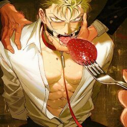Rule 34 | 3boys, abs, animal collar, black pants, collar, collared shirt, feeding, food, fork, fruit, glasses, green hair, holding, holding fork, leash, male focus, multiple boys, muscular, muscular male, navel, one piece, open mouth, pants, roronoa zoro, runa (nori31291404), sanji (one piece), shirt, short hair, solo focus, strawberry, tongue, tongue out, white shirt, yaoi