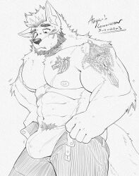 Rule 34 | 1boy, abs, animal ears, bara, beard, briefs, bulge, bulge lift, commission, dressing, facial hair, feet out of frame, furry, furry male, greyscale, highres, i&#039;ve never seen a guy recreate this successfully tbh (meme), large bulge, large pectorals, looking at bulge, male focus, male underwear, mature male, meme, merdekyle, monochrome, motion lines, muscular, muscular male, navel, navel hair, nipples, open pants, original, pants, pants lift, pectorals, pubic hair, pubic hair peek, raised eyebrow, scar, scar on chest, short hair, shoulder tattoo, solo, stomach, sweat, tail, tattoo, topless male, undersized clothes, underwear, wolf boy, wolf ears, wolf tail