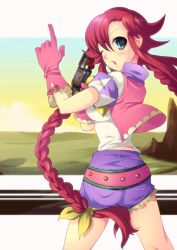 Rule 34 | 1girl, ahoge, ass, belt, blue shorts, blush, braid, enoo, from behind, gloves, green eyes, gun, hair ribbon, handgun, long hair, looking back, one eye closed, pink gloves, pistol, pointing, rebecca streisand, red hair, ribbon, shirt, shorts, sidelocks, sky, solo, taut clothes, twintails, vest, weapon, wild arms, wild arms 5, wink