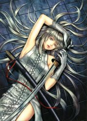 Rule 34 | 1girl, absurdres, armpits, bare shoulders, china dress, chinese clothes, cross-laced clothes, dress, gloves, highres, katana, long hair, lying, on back, realistic, side slit, silver dress, grey eyes, silver hair, solo, sword, weapon, yuki hayabusa
