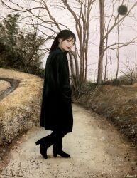 Rule 34 | 1girl, acrylic paint (medium), black coat, black eyes, black footwear, black hair, boots, coat, commentary request, full body, grey sky, hands in pockets, high heel boots, high heels, highres, looking back, medium hair, nature, original, outdoors, overcast, painting (medium), parted lips, path, realistic, road, satou t, sky, solo, traditional media, tree