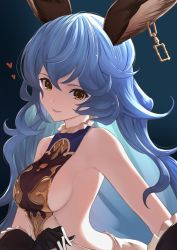 Rule 34 | 1girl, absurdres, aiu eo, animal ears, backless outfit, bare shoulders, blue hair, breasts, brown eyes, earrings, female focus, ferry (granblue fantasy), gloves, granblue fantasy, heart, highres, jewelry, looking at viewer, medium breasts, sideboob, simple background, single earring, smile, solo