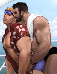 Rule 34 | 2boys, bara, bare pectorals, beard, black hair, black male swimwear, blonde hair, blue male swimwear, bracelet, cloud, dark-skinned male, dark skin, day, dopey (dopq), facial hair, goggles, goggles on head, grabbing, grabbing from behind, grillmaster: 76, hawaiian shirt, highres, interracial, jewelry, large pectorals, looking at another, male focus, male swimwear, multiple boys, muscular, muscular male, mustache, nipples, official alternate costume, open clothes, open shirt, outdoors, overwatch, overwatch 1, paid reward available, parted lips, pectorals, reaper (overwatch), shirt, short hair, sideburns, sky, soldier: 76 (overwatch), swim trunks, towel, towel on one shoulder, undercut, yaoi