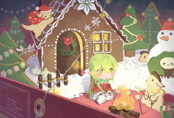 Rule 34 | 1girl, box, chibi, christmas, christmas tree, christmas wreath, cookie, dog, elsword, eyes visible through hair, fire, food, gift, gift box, gingerbread cookie, gingerbread house, green eyes, green scarf, hair between eyes, highres, icing, in box, in container, light green hair, looking to the side, marshmallow, pointy ears, poncho, powdered sugar, print scarf, rabbit, reindeer, rena erindel, rope, scarf, shadow, shakan (pixiv28220363), sitting, snowman, solo, wariza, white legwear, wreath, wrist cuffs