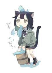 Rule 34 | 1girl, animal, animal ears, animal on head, black bow, black bowtie, black footwear, black hair, black skirt, bow, bowtie, bucket, cat ears, cat girl, cat tail, chibi, collared shirt, commentary request, fish, full body, green hair, green jacket, grey eyes, highres, jacket, long sleeves, mini person, minigirl, miniskirt, mouth hold, multicolored hair, on head, original, pleated skirt, shirt, shoes, short hair, simple background, skirt, solo, standing, tail, toeless footwear, tokiwata soul, two-tone hair, white background, white shirt