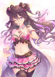 Rule 34 | 10s, 1girl, ahoge, bare shoulders, belt, black thighhighs, blue eyes, blush, bow, breasts, brown hair, cleavage, earrings, garter straps, hair bow, ichinose shiki, idolmaster, idolmaster cinderella girls, jewelry, long hair, looking at viewer, midriff, navel, one eye closed, parted lips, skirt, smile, solo, terumii, thighhighs, twintails, two side up, wrist cuffs, zettai ryouiki