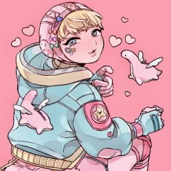 Rule 34 | 1girl, animification, apex legends, blonde hair, blue jacket, bodysuit, bow, eyebrows hidden by hair, green bow, heart, highres, hood, hooded jacket, jacket, kawaii voltage wattson, official alternate costume, pink background, pink bodysuit, pink headwear, purple bow, red bow, shimijimi, sitting, solo, star (symbol), stuffed toy, wattson (apex legends), wings