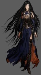 Rule 34 | 1girl, bare shoulders, black hair, blue eyes, boots, castlevania (series), castlevania: order of ecclesia, detached sleeves, dress, goth fashion, highres, hirooka masaki, konami, lips, long hair, official art, shanoa, simple background, solo, thigh boots, thighhighs, very long hair