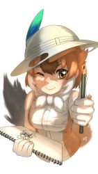 Rule 34 | 1girl, absurdres, animal ears, bare shoulders, blush, brown shirt, commentary request, dhole (kemono friends), dog ears, dog girl, dog tail, drawing, extra ears, gloves, hat feather, helmet, highres, kemono friends, light brown hair, multicolored hair, one eye closed, pencil, pith helmet, shirt, short hair, sidelocks, sketchbook, sleeveless, smile, solo, tail, thin (suzuneya), two-tone hair, two-tone shirt, upper body, white gloves, white hair, white shirt, yellow eyes