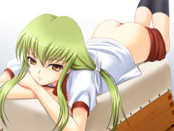 Rule 34 | 00s, 1girl, 40010prototype, alternate hairstyle, ass, black socks, blush, butt crack, c.c., clothes pull, code geass, crossed arms, dutch angle, green hair, gym, gym uniform, hair ribbon, kneehighs, legs up, long hair, lying, no panties, on stomach, orange eyes, ponytail, ribbon, school, shorts, shorts pull, smile, socks, solo, vaulting horse