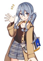 Rule 34 | 1girl, :d, absurdres, bag, blue eyes, blue hair, blush, brown coat, brown shirt, choker, coat, collarbone, commentary request, earrings, glasses, gotland (kancolle), grey shorts, hair between eyes, hand up, highres, hoop earrings, ichi (ichi.colors), jewelry, kantai collection, long hair, long sleeves, mole, mole under eye, open clothes, open coat, open mouth, round eyewear, shirt, short shorts, shorts, side ponytail, smile, solo, wide sleeves, yellow choker