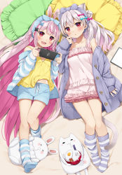 Rule 34 | 2girls, :d, ahoge, animal ears, bed sheet, blue bow, blue shorts, bow, camisole, cat ears, cat girl, cat tail, commentary request, fang, frilled pillow, frilled shorts, frills, grey hair, hair bow, hair bun, holding, indie virtual youtuber, jacket, long hair, long sleeves, looking at viewer, loose socks, lying, multicolored hair, multiple girls, natsume eri, natsume eri (vtuber), nintendo switch, no shoes, off shoulder, on back, open clothes, open jacket, open mouth, pillow, pink camisole, pink hair, pink shorts, purple hair, purple jacket, rabbit ears, red eyes, short shorts, shorts, side bun, single hair bun, single side bun, sleeves past wrists, smile, socks, soles, streaked hair, striped clothes, striped jacket, striped legwear, striped socks, tail, tomari mari, tomari mari channel, two-tone hair, very long hair, virtual youtuber, yellow camisole