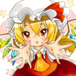 Rule 34 | 1girl, ascot, bad id, bad pixiv id, berry jou, blonde hair, fang, female focus, flandre scarlet, foreshortening, hat, hat ribbon, open mouth, outstretched arms, ribbon, side ponytail, solo, touhou, wings, yellow eyes