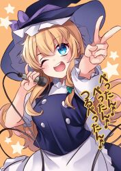 Rule 34 | 1girl, ;d, apron, black hat, black vest, blonde hair, blue eyes, commentary request, cowboy shot, hat, highres, holding, holding microphone, kirisame marisa, looking at viewer, meimei (meimei89008309), microphone, one eye closed, open mouth, orange background, simple background, smile, solo, standing, star (symbol), teeth, touhou, translated, upper teeth only, v, vest, waist apron, witch hat