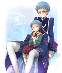 Rule 34 | 2boys, age comparison, bad id, bad pixiv id, blue background, blue eyes, blue hair, blue theme, character name, child, dual persona, glasses, gradient background, hagiwara rin, hubert ozwell, male focus, multiple boys, tales of (series), tales of graces, time paradox, white background