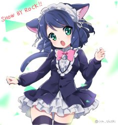Rule 34 | 10s, 1girl, animal ears, aqua eyes, bell, blue hair, blush, bow, bowtie, breasts, buttons, cat ears, cat tail, copyright name, cowboy shot, cyan (show by rock!!), eyebrows, fang, frills, ica, long sleeves, looking at viewer, maid headdress, open mouth, pink bow, pink bowtie, ringlets, show by rock!!, small breasts, solo, standing, tail, thighhighs, twitter username, white background, zettai ryouiki