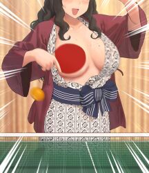 Rule 34 | 1girl, ball, black hair, blush, breasts, collarbone, commentary, head out of frame, highres, holding, holding paddle, indoors, japanese clothes, kimono, large breasts, lips, long hair, mole, mole on breast, open clothes, open mouth, original, paddle, ryokucha michi, solo, sweat, table tennis, table tennis ball, table tennis net, table tennis paddle, tongue