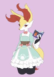 Rule 34 | 1girl, animal ear fluff, animal ears, animal nose, arm at side, black fur, black gloves, blue dress, body fur, book, bow, bowtie, braixen, breasts, bridal gauntlets, bright pupils, cowboy shot, creatures (company), cropped legs, dress, female focus, flat color, fox ears, fox girl, fox tail, frilled dress, frills, furry, furry female, game freak, gen 6 pokemon, gloves, hand up, highres, kiki (kiki1041101), long sleeves, looking at viewer, multicolored fur, nintendo, open book, pink bow, pink bowtie, pokemon, pokemon (creature), purple background, red eyes, short dress, simple background, small breasts, snout, solo, standing, tail, white fur, white pupils, wide sleeves, yellow fur