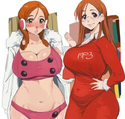 Rule 34 | 1girl, absurdres, bleach, blush, breasts, brown eyes, cleavage, collared shirt, covered navel, curvy, dress, earmuffs, fur-trimmed jacket, fur trim, glasses, highres, impossible clothes, inoue orihime, jacket, large breasts, long hair, navel, official alternate costume, orange hair, parted lips, plump, red dress, revealing clothes, shirt, sketch, skin tight, smile, solo, stomach, strapless, thighs, tube top, whoopsatro, wide hips