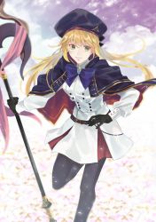 Rule 34 | 1girl, artoria caster (fate), artoria caster (second ascension) (fate), artoria pendragon (fate), belt, blonde hair, blue belt, blue capelet, breasts, capelet, dress, fate/grand order, fate (series), gloves, green eyes, highres, holding, holding staff, karen ngao, long hair, long sleeves, multicolored capelet, pantyhose, small breasts, smile, staff, white dress