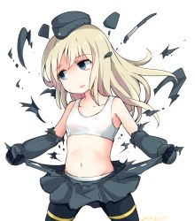 Rule 34 | 1girl, blonde hair, blue eyes, bodysuit, bra, breasts, collarbone, diving suit, garrison cap, hat, kantai collection, long hair, long sleeves, navel, okitarou (okiyo), panties, puffy long sleeves, puffy sleeves, small breasts, solo, torn clothes, u-511 (kancolle), underwear, wetsuit, white bra, white panties