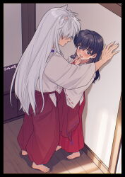 Rule 34 | 1boy, 1girl, against wall, animal ears, bare shoulders, bead necklace, beads, black hair, blush, commentary, demon boy, dog boy, dog ears, from above, hair between eyes, hair over eyes, hakama, hetero, highres, higurashi kagome, indoors, inuyasha, inuyasha (character), japanese clothes, jewelry, kabedon, long hair, long sleeves, miko, motobi (mtb umk), necklace, open mouth, own hands together, red hakama, red skirt, shirt, skirt, sweatdrop, symbol-only commentary, twitter username, white hair, white shirt, wide sleeves