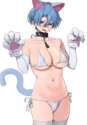 Rule 34 | 1girl, animal ears, animal hands, aochoku, bare shoulders, bikini, blue eyes, blue hair, blush, breasts, cat tail, cleavage, collar, collarbone, commentary, cowboy shot, earrings, elbow gloves, fake animal ears, glasses, gloves, groin, hairband, hands up, highres, jewelry, large breasts, looking at viewer, navel, open mouth, original, paid reward available, parted lips, paw gloves, paw pose, round eyewear, short hair, side-tie bikini bottom, simple background, solo, string bikini, stud earrings, sweat, swimsuit, symbol-only commentary, tail, thighhighs, tongue, tongue out, white background, white bikini, white gloves, white thighhighs