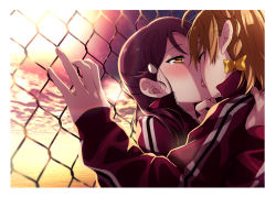 Rule 34 | 2girls, blush, bow, braid, chain-link fence, cloud, commentary request, closed eyes, fence, french kiss, hair bow, half updo, hand on another&#039;s chin, highres, jacket, kiss, kougi hiroshi, long hair, love live!, love live! sunshine!!, multiple girls, orange eyes, orange hair, outdoors, purple hair, red jacket, sakurauchi riko, short hair, side braid, sunset, takami chika, tearing up, tongue, track jacket, yellow bow, yuri